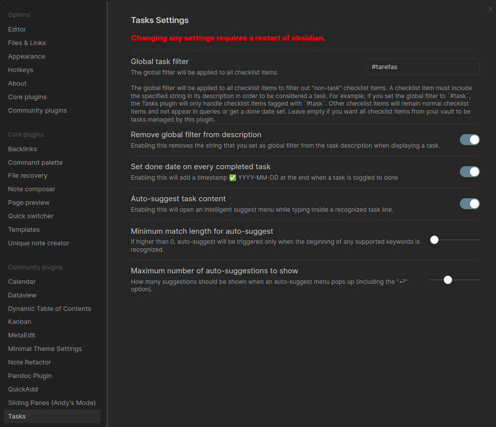 tela de configurações do plugin tasks