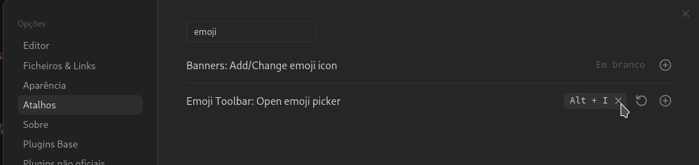 configurações do atalho para o emoji toolbar