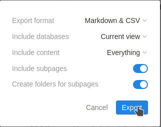 opções de exportação do notion
